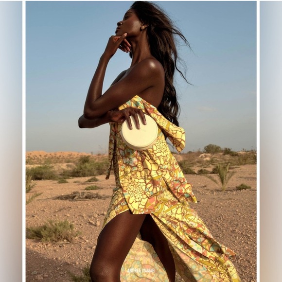 NWT Andrea Iyamah Strata Maxi Dress Strapless Ruffle‎ Tiered US 8 Yellow Print - Picture 8 of 14